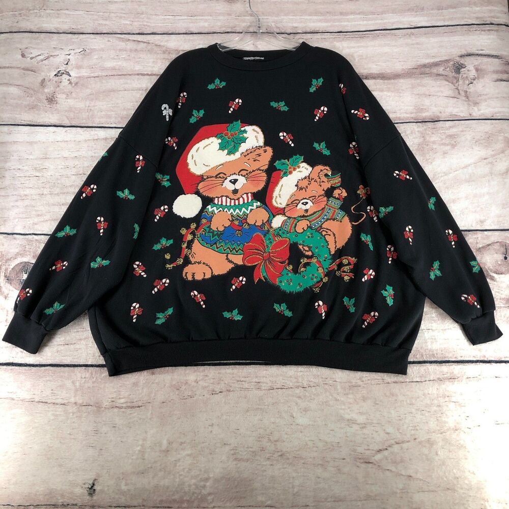 Vintage Nutcracker Christmas Sweatshirt 2XL Plus Cat Mouse 90s Holiday Ugly Puff